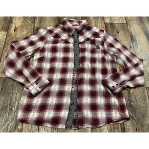 Red Ranch Western Shirt Womens XL Red Black White Plaid Check Ruffled Edges